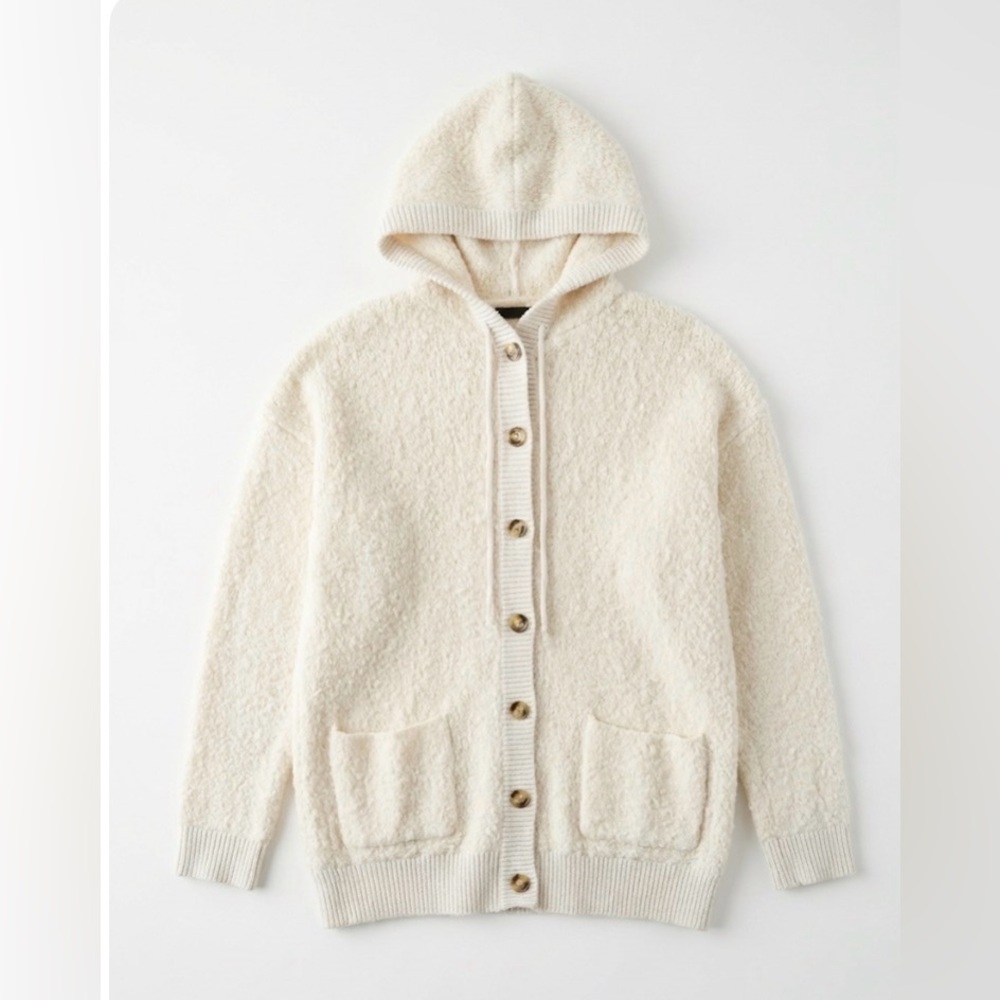 GAP Cream Boucle Hooded Cardigan Sweater Coat M Wool Blend Cottagecore